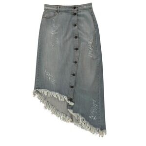 Retroféte Skirt Small Denim Button Midi Jeans Asymmetrical Distressed Fringe Hem